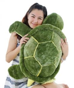 Femme tenant une peluche tortue verte