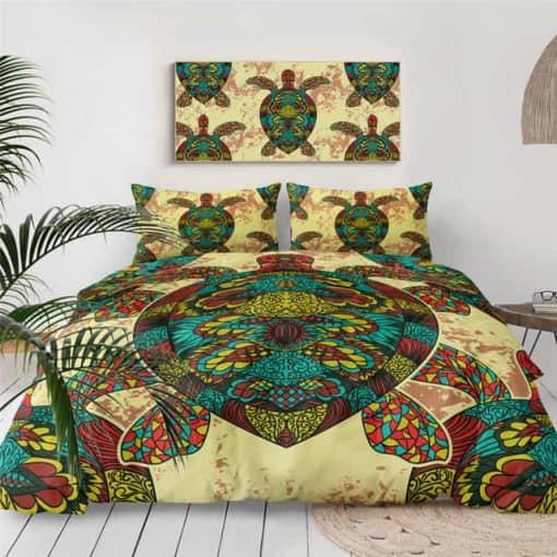 Parure de lit tortue mandala multicolore avec housse de couette et taies d'oreiller