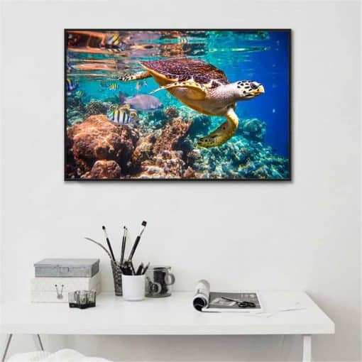 Photo de tortue de mer géante en balade avec ses amis les poissons