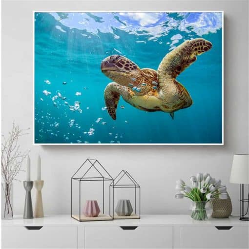 Photo de tortue de mer géante qui nage paisiblement avec des bulles