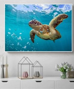 Photo de tortue de mer géante qui nage paisiblement avec des bulles