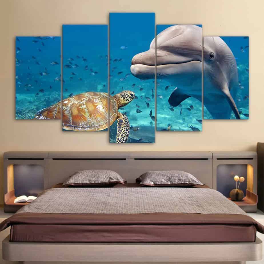 Tableau de tortue de mer pentatyptique avec tortue et dauphin