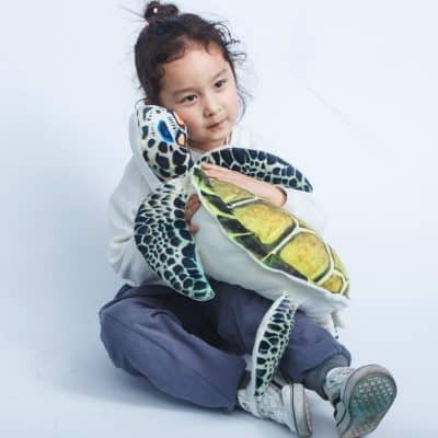fillette caline une peluche tortue de mer