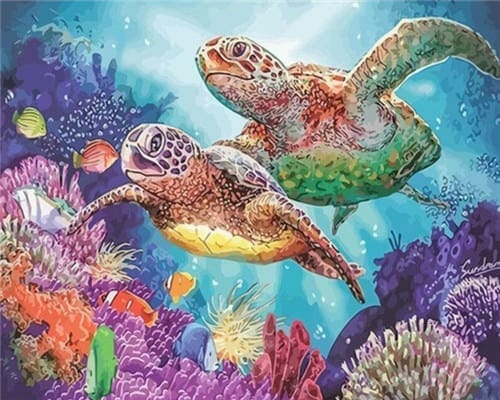 peinture de deux tortue de mer de mer qui nagent dans les coraux