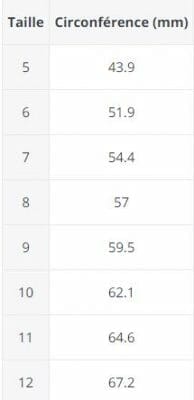 tableau des tailles pour bague tortue