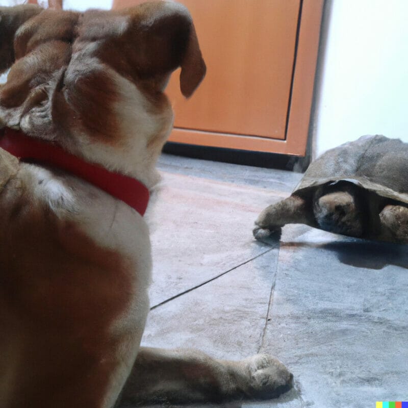 un chien regarde une tortue
