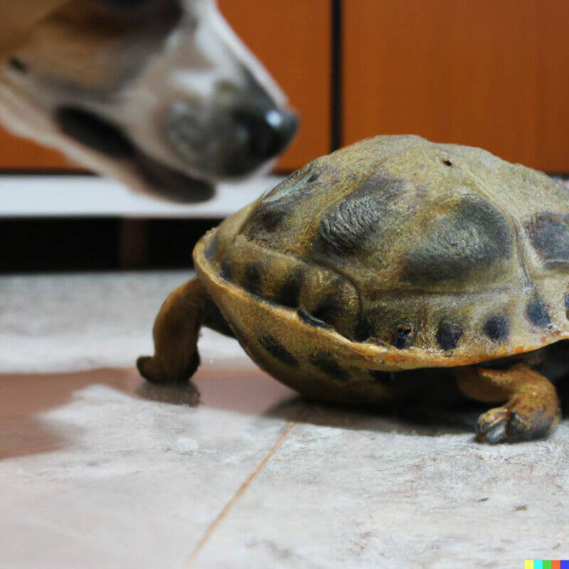 chien renifle une tortue