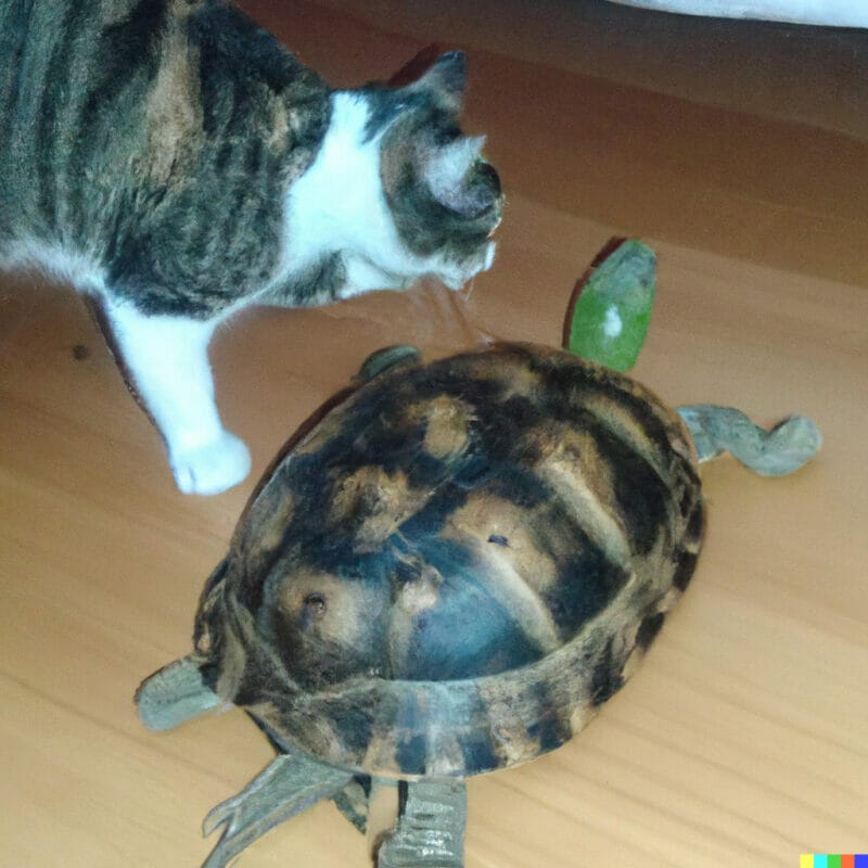 tortue et chat jouent dans un appartement 